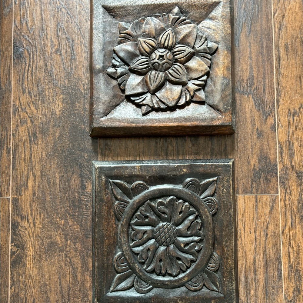 Handmade In Mexico Flower Motif Solid Wood Wall Art Pair